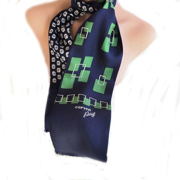 VTG CARVEN PARIS DOUBLE SIDED SILK SCARF NAVY - Picture 2 of 7